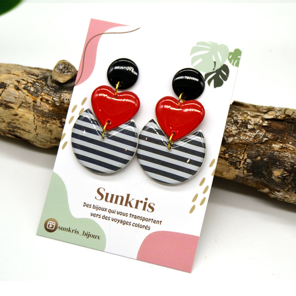 Boucles d'oreilles cœur rayures marinières