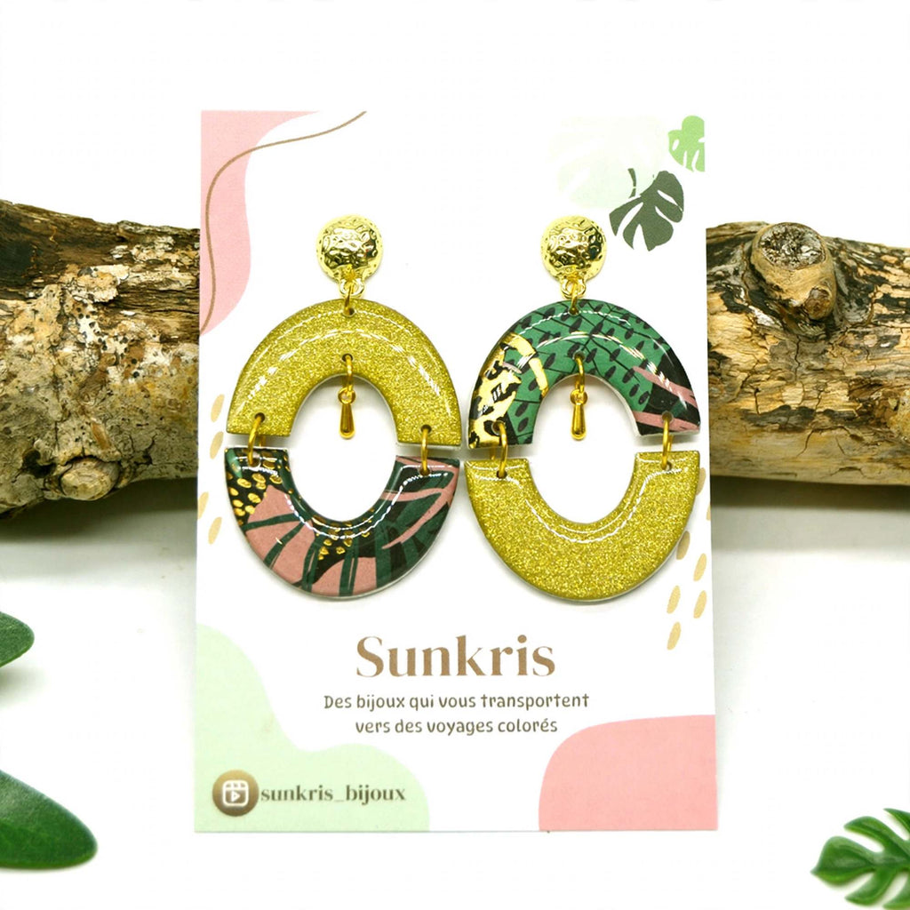 Boucles d'oreilles demi-cercle doré tropical vert