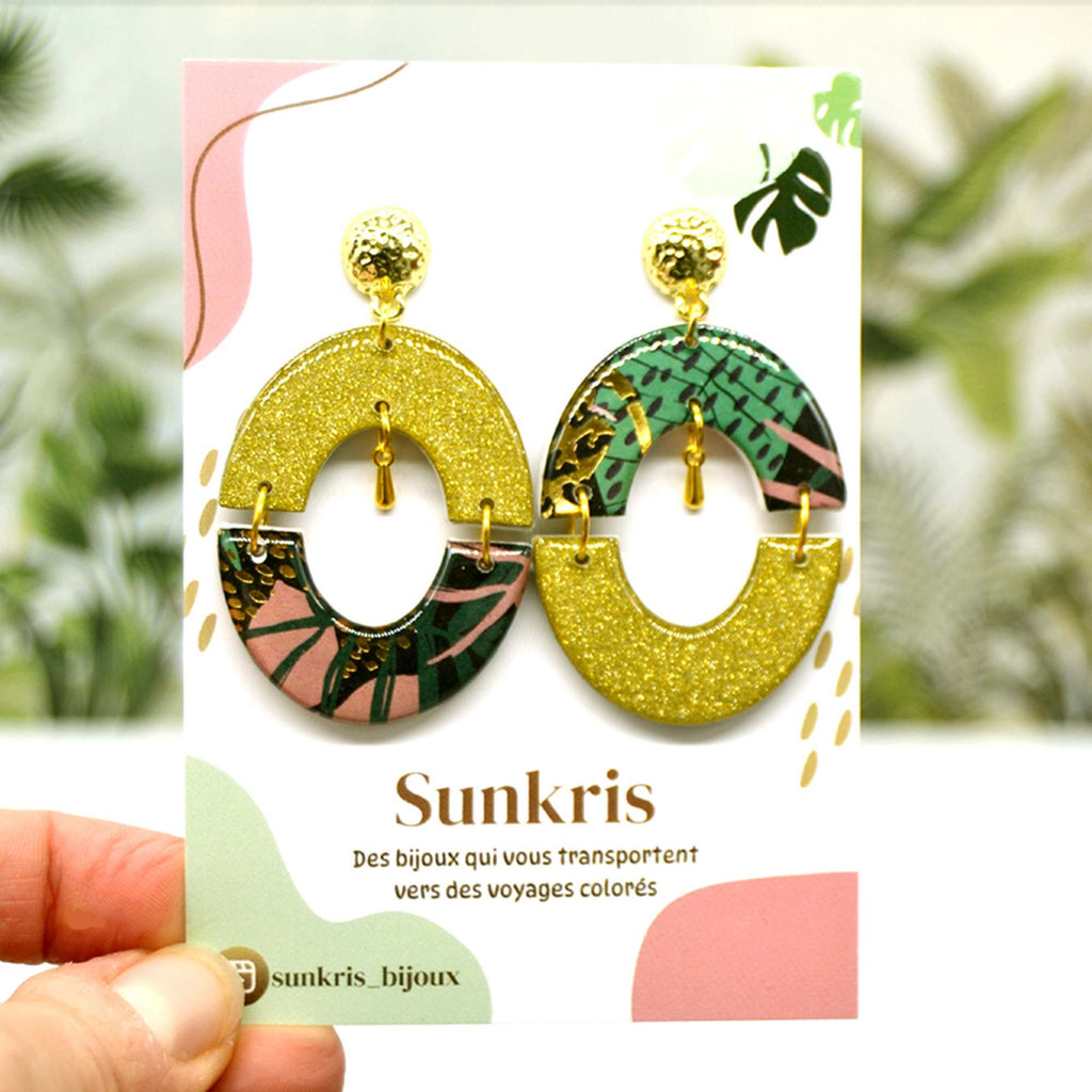Boucles d'oreilles demi-cercle doré tropical vert