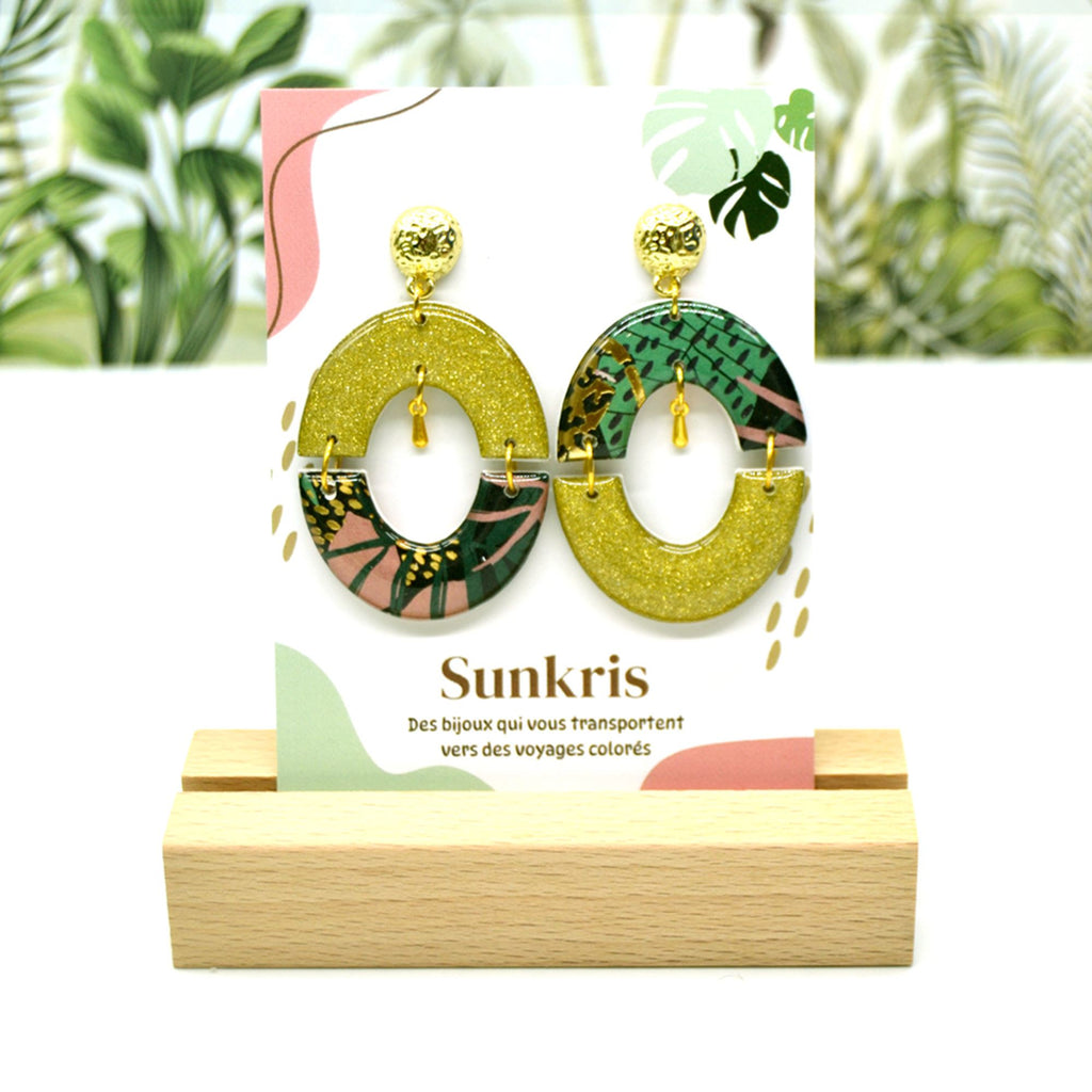 Boucles d'oreilles demi-cercle doré tropical vert