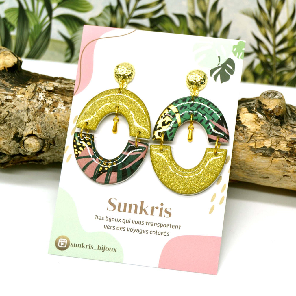 Boucles d'oreilles demi-cercle doré tropical vert