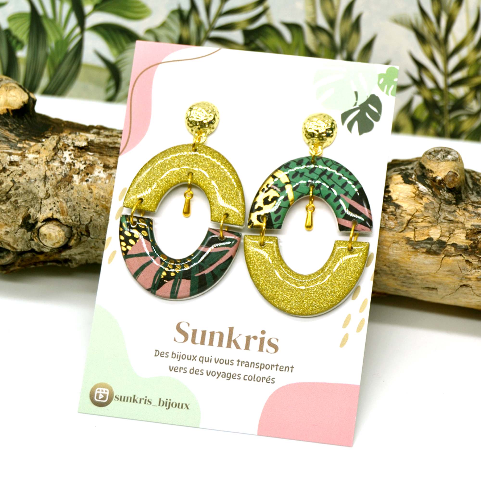 Boucles d'oreilles demi-cercle doré tropical vert