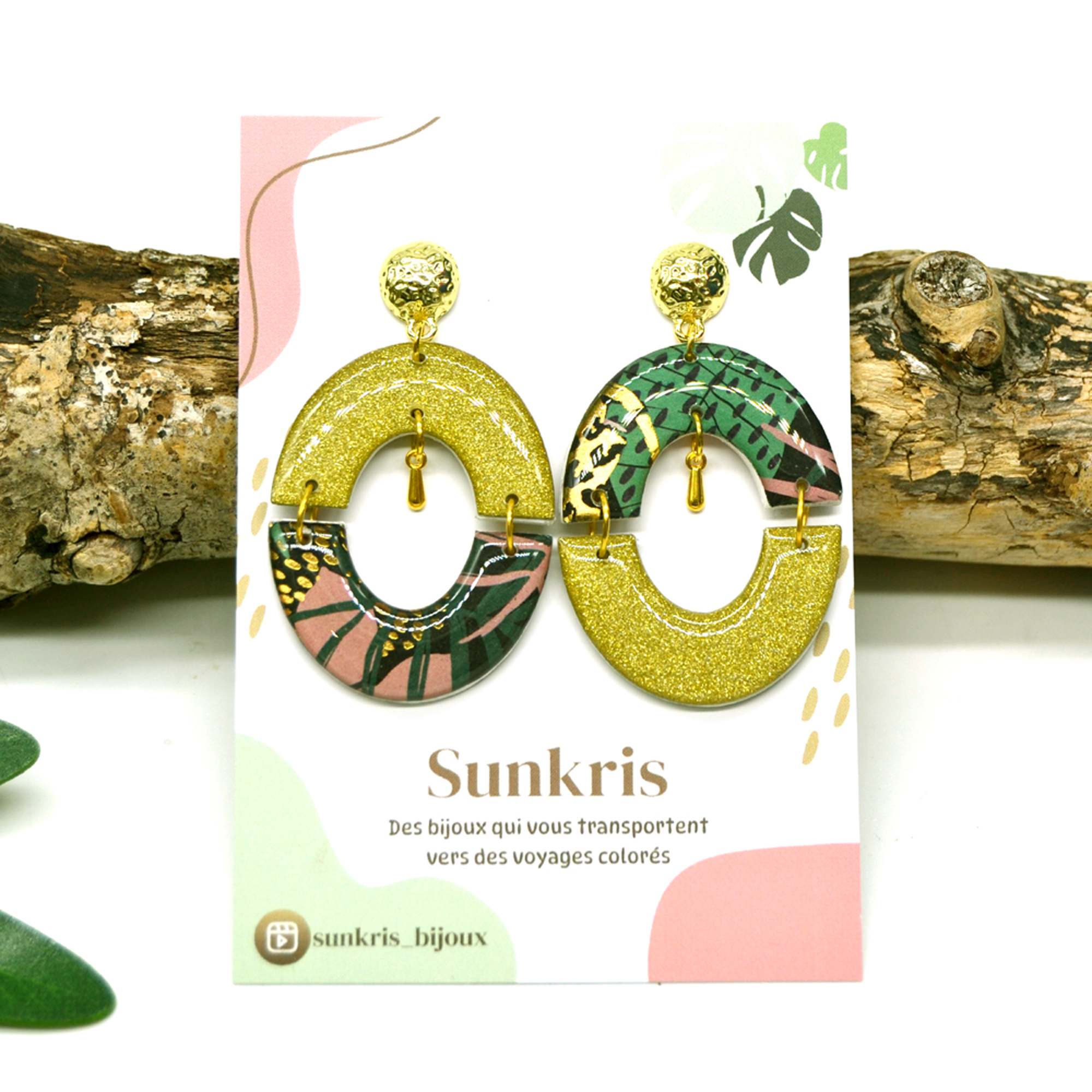 Boucles d'oreilles demi-cercle doré tropical vert