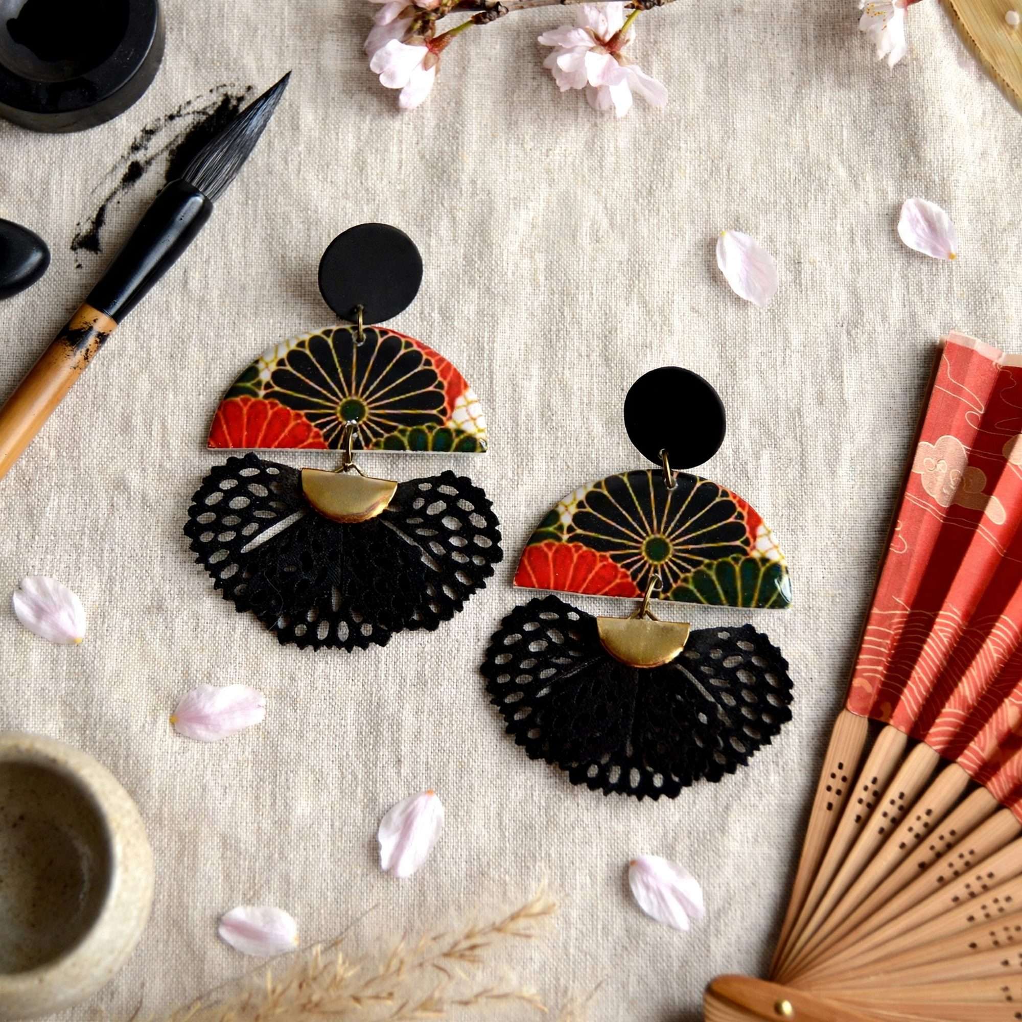 Boucles d'oreilles éventail japonais demi-lune