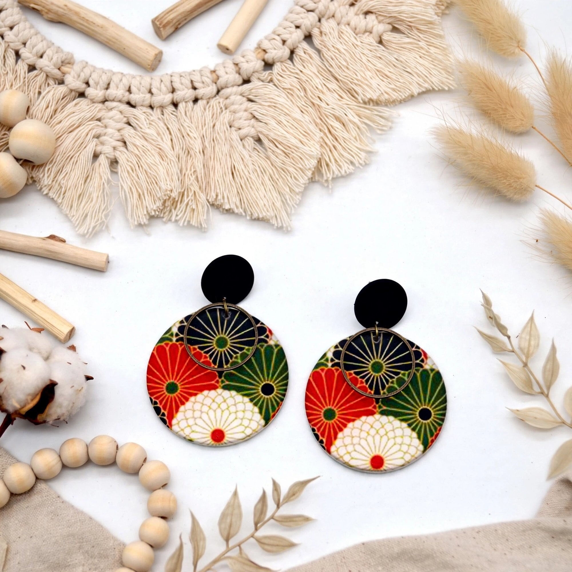 Boucles d'oreilles éventail japonais rondes