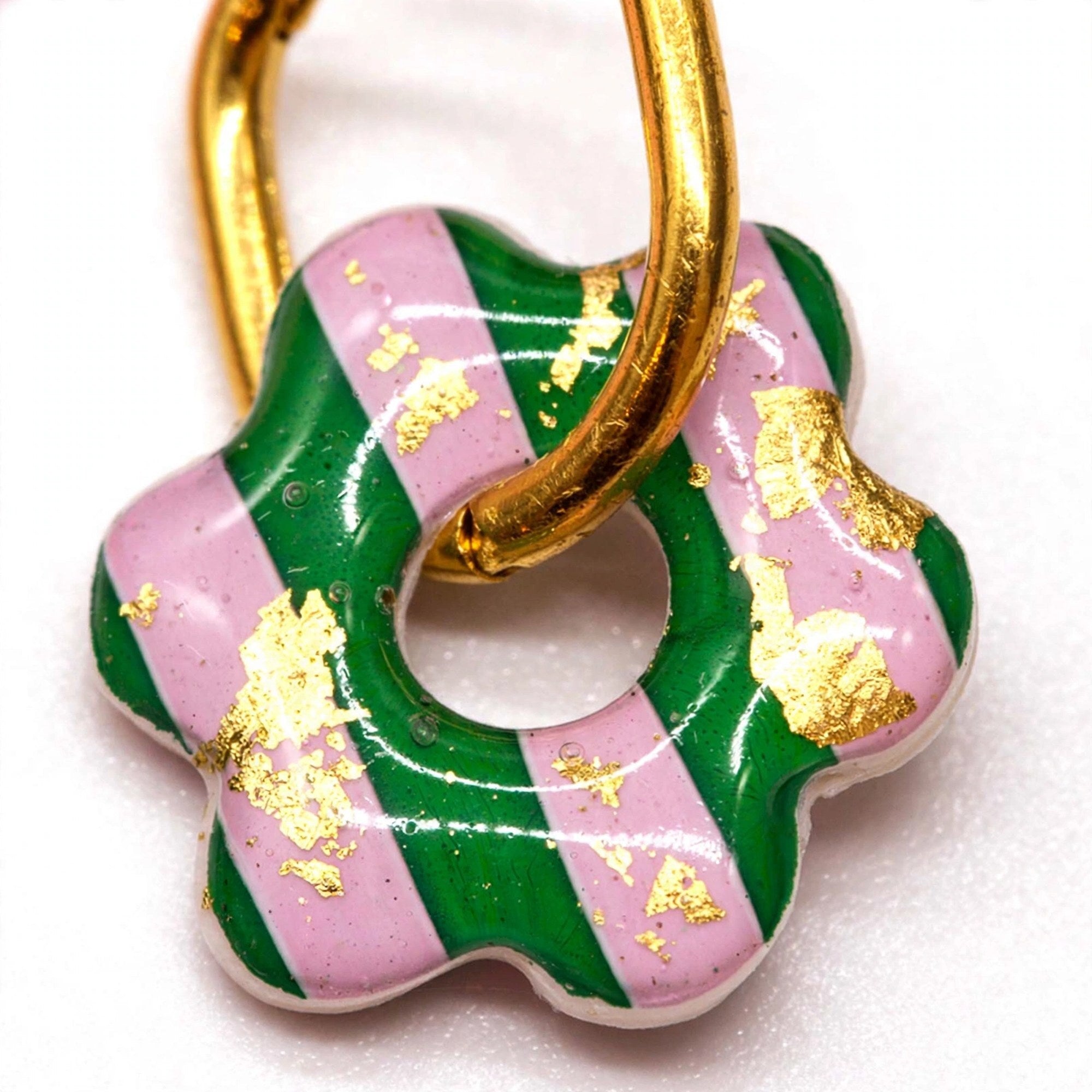 Boucles d'oreilles fleur rayée vert et rose
