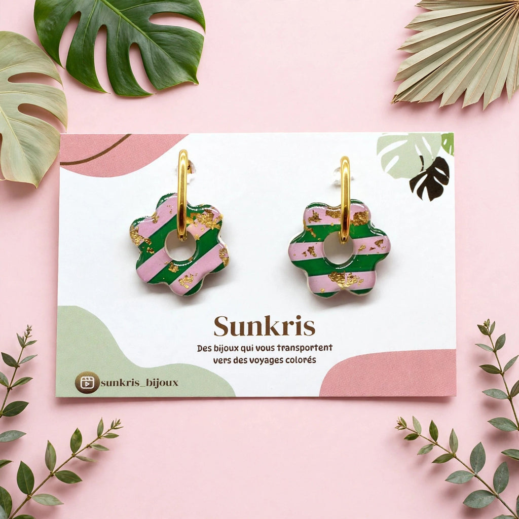 Boucles d'oreilles fleur rayée vert et rose