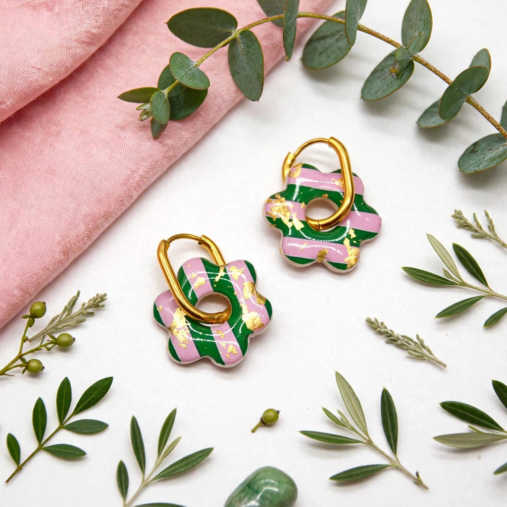 Boucles d'oreilles fleur rayée vert et rose