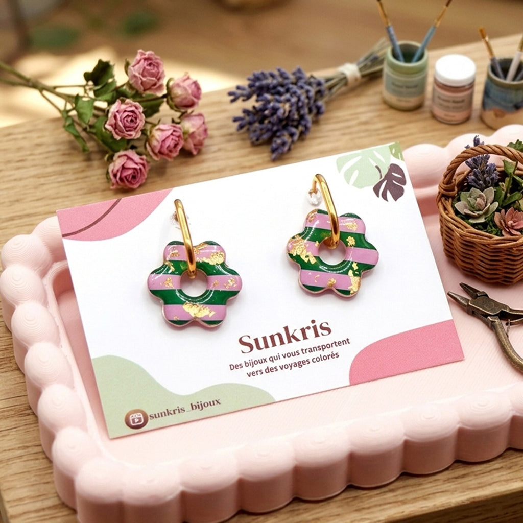 Boucles d'oreilles fleur rayée vert et rose