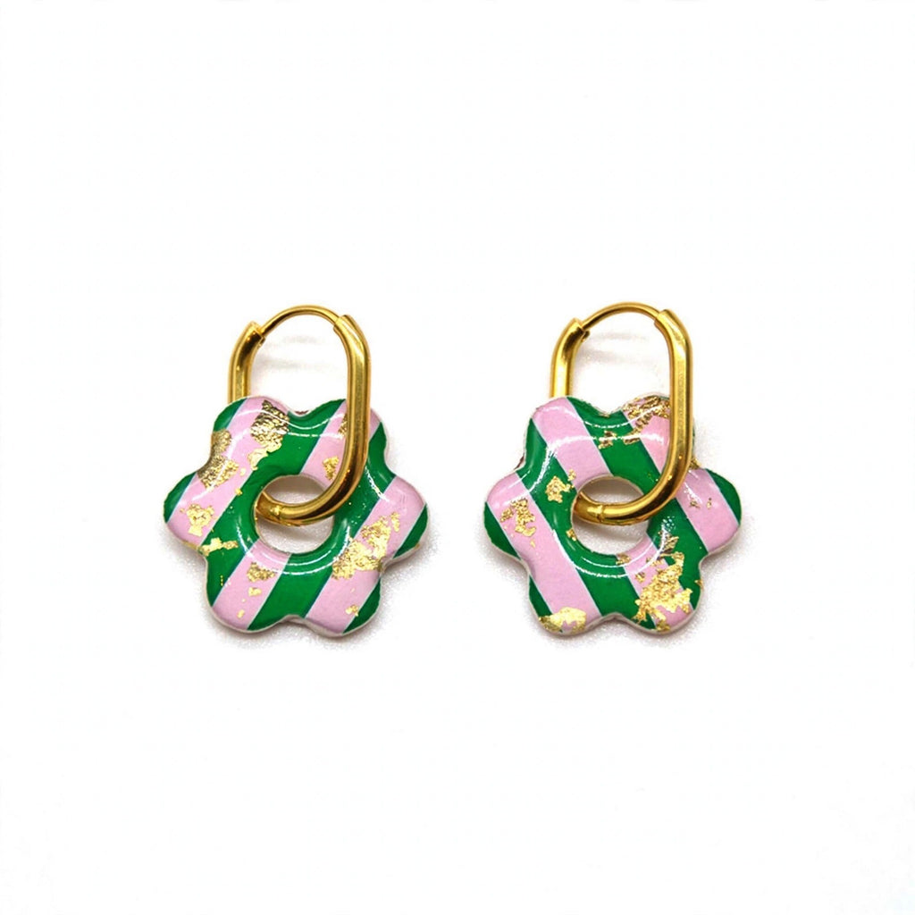Boucles d'oreilles fleur rayée vert et rose
