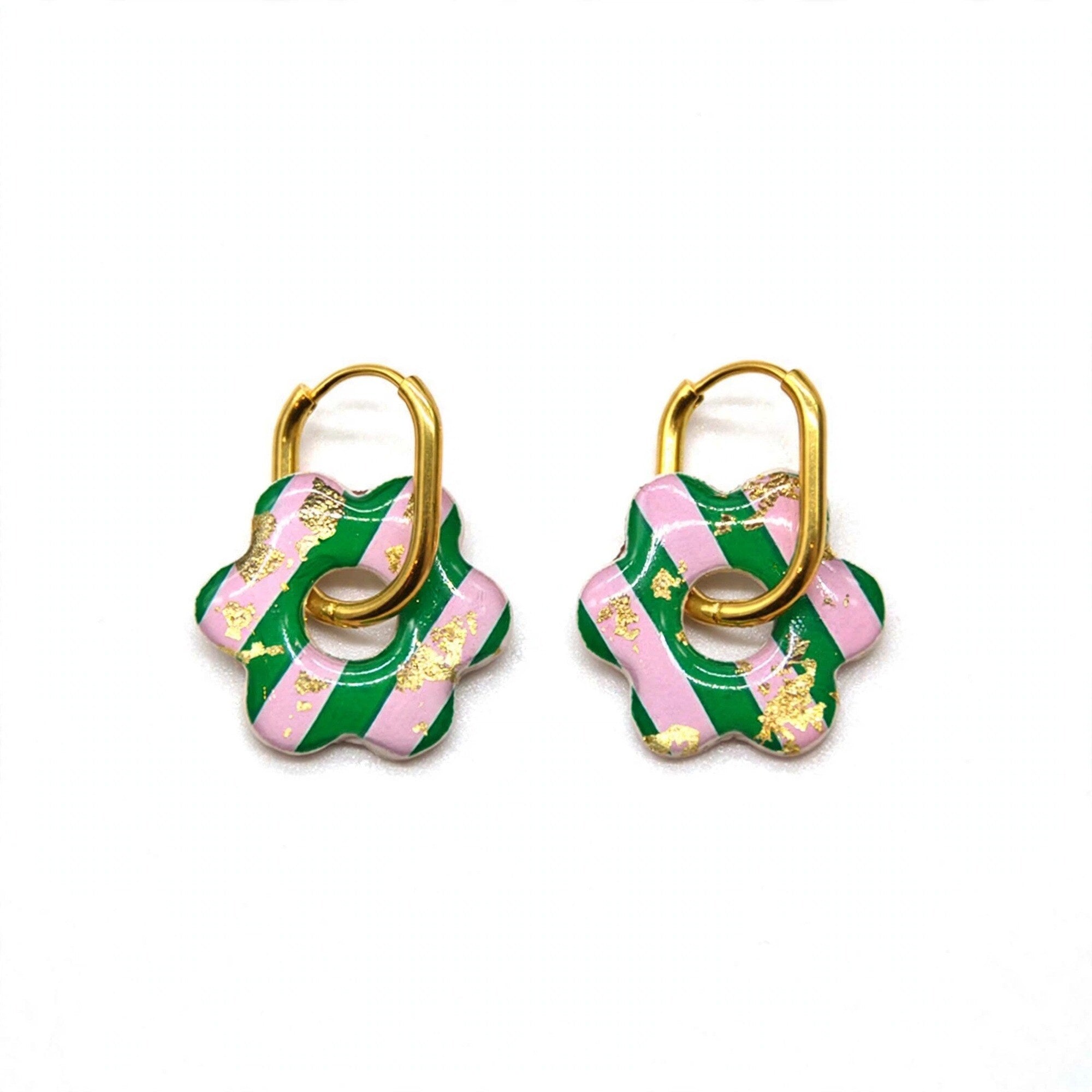 Boucles d'oreilles fleur rayée vert et rose