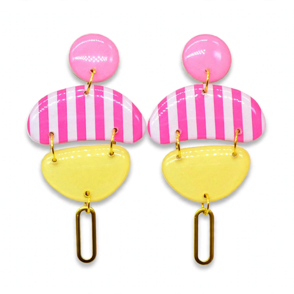 Boucles d'oreilles galet jaune rayé rose