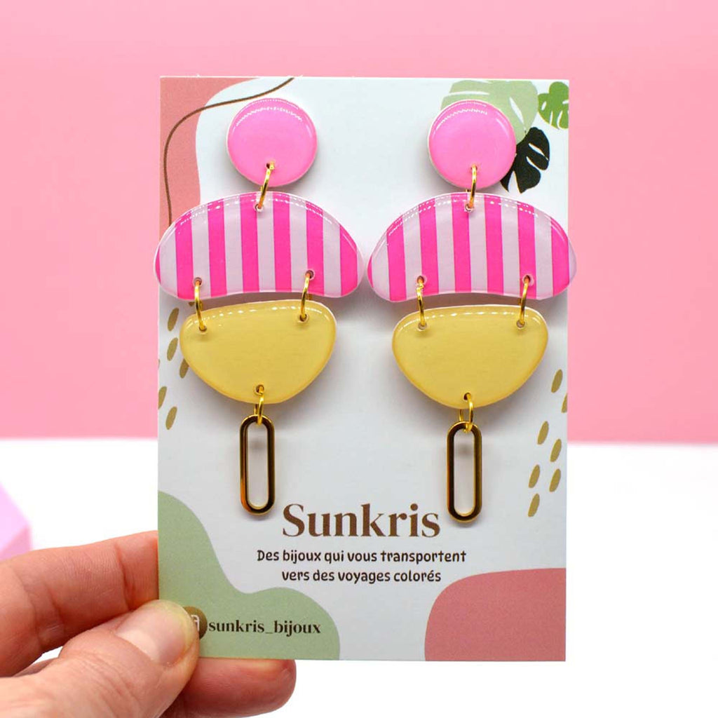 Boucles d'oreilles galet jaune rayé rose