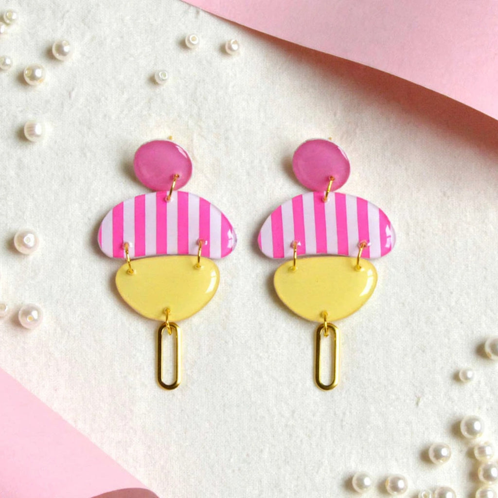 Boucles d'oreilles galet jaune rayé rose