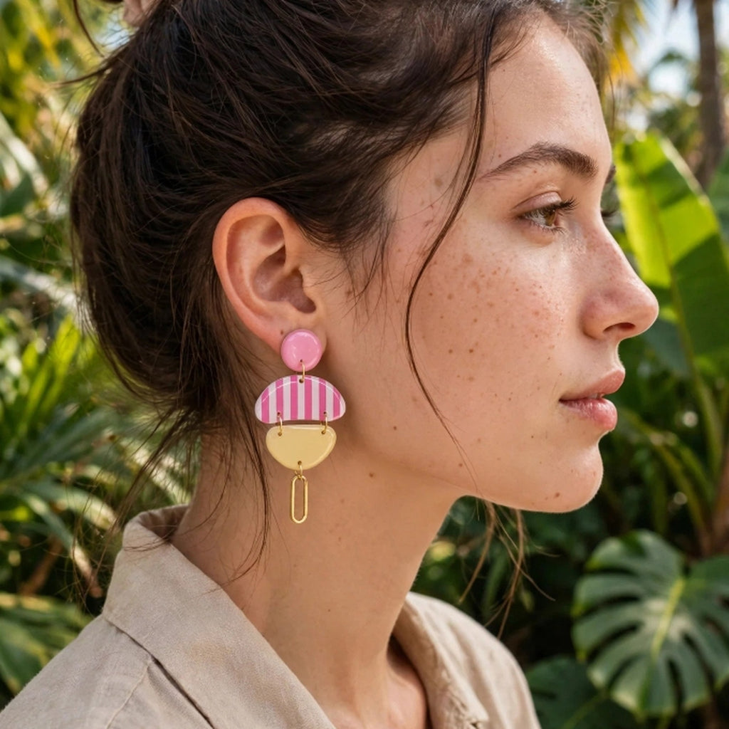Boucles d'oreilles galet jaune rayé rose