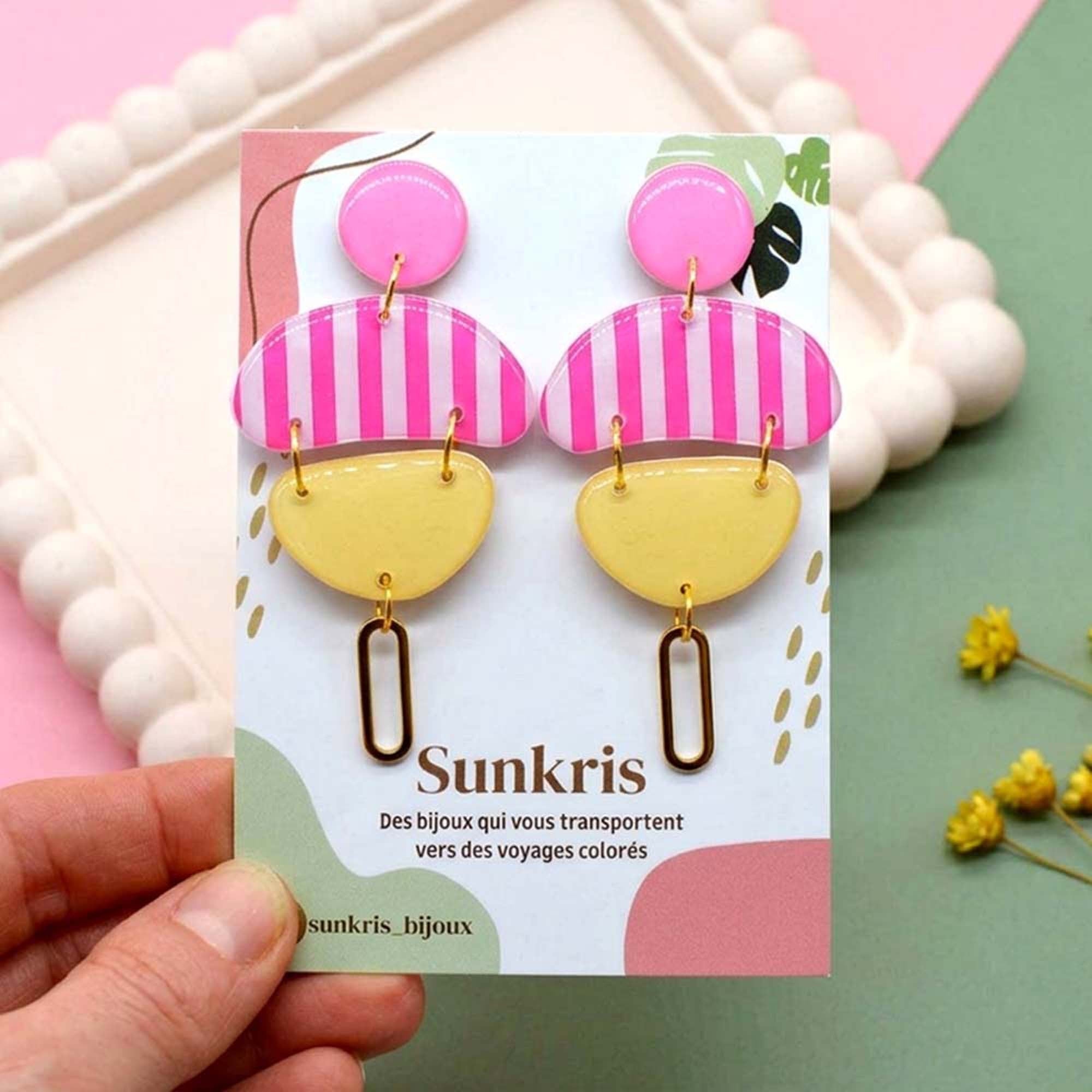 Boucles d'oreilles galet jaune rayé rose