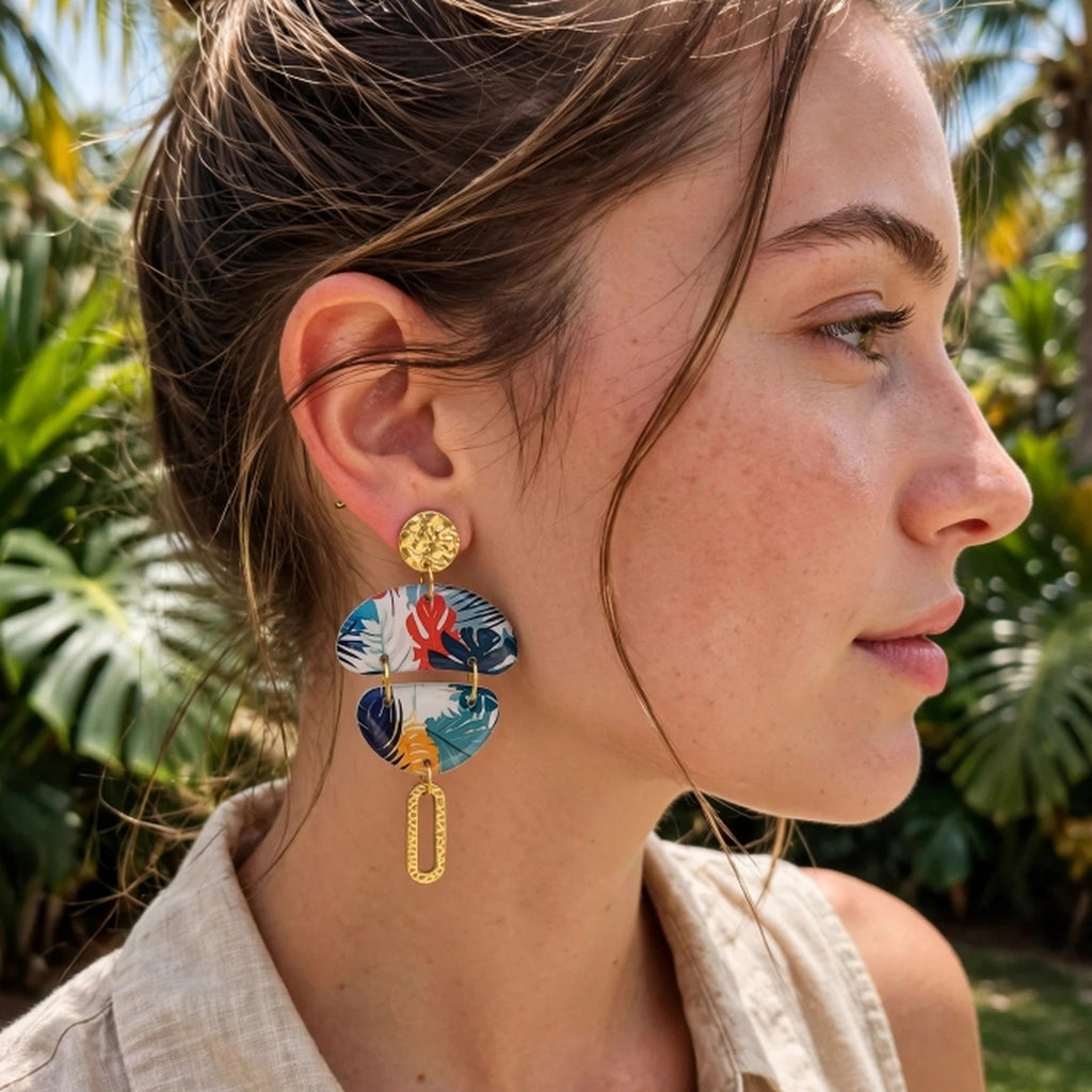 Boucles d'oreilles galet tropical monstera
