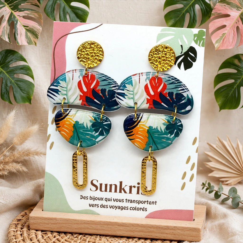 Boucles d'oreilles galet tropical monstera