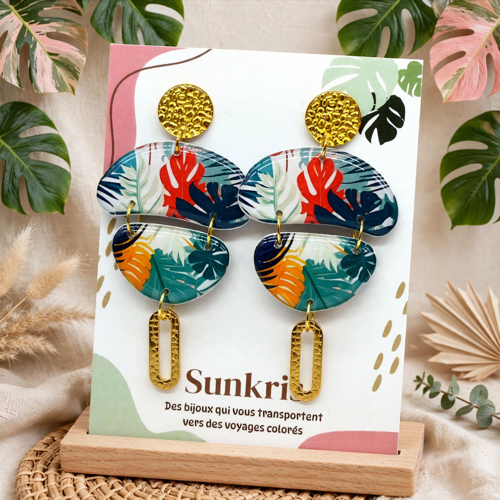 Boucles d'oreilles galet tropical monstera