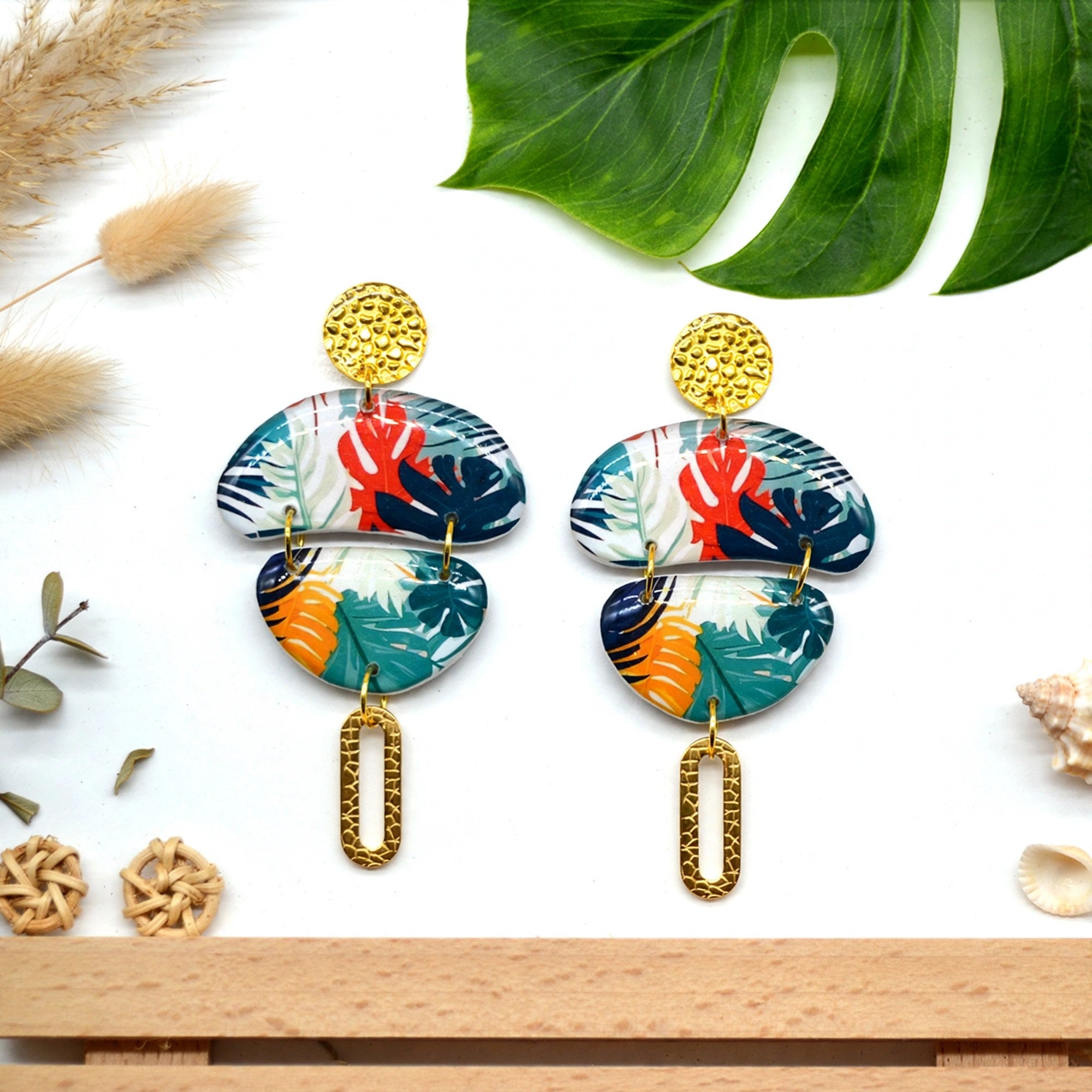 Boucles d'oreilles galet tropical monstera