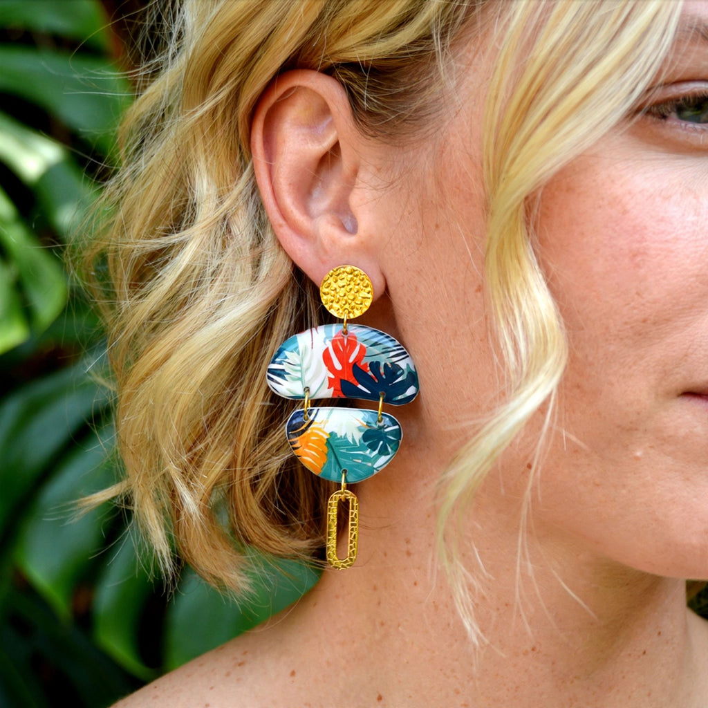 Boucles d'oreilles galet tropical monstera