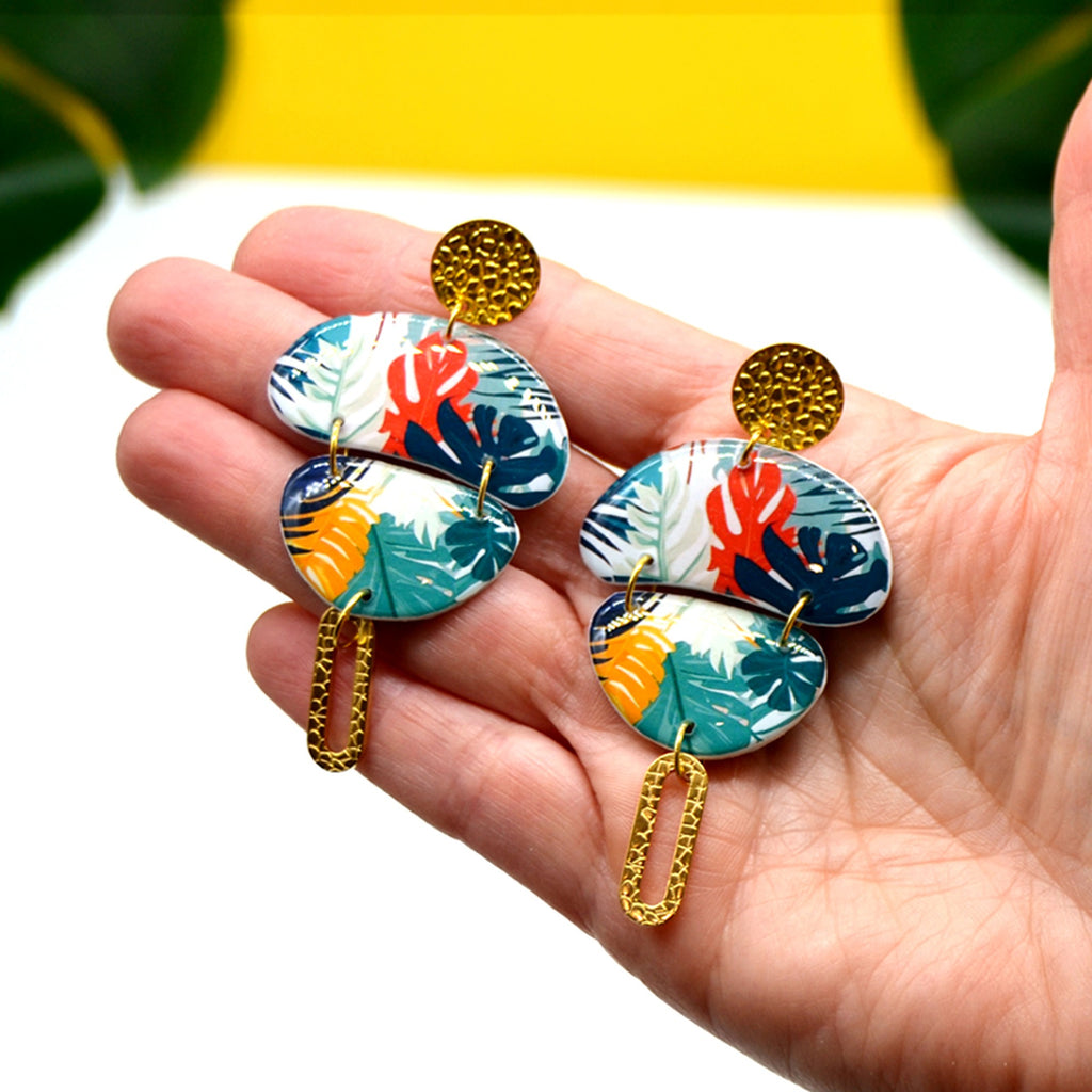 Boucles d'oreilles galet tropical monstera