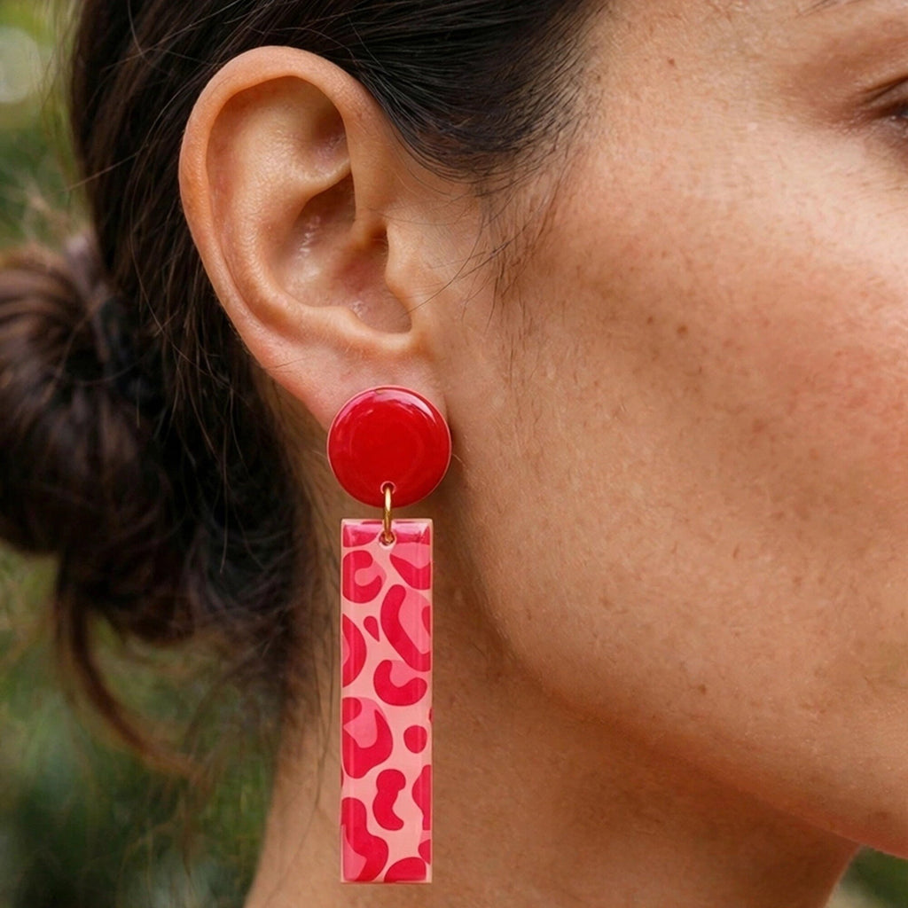 Boucles d'oreilles léopard rouge rectangle
