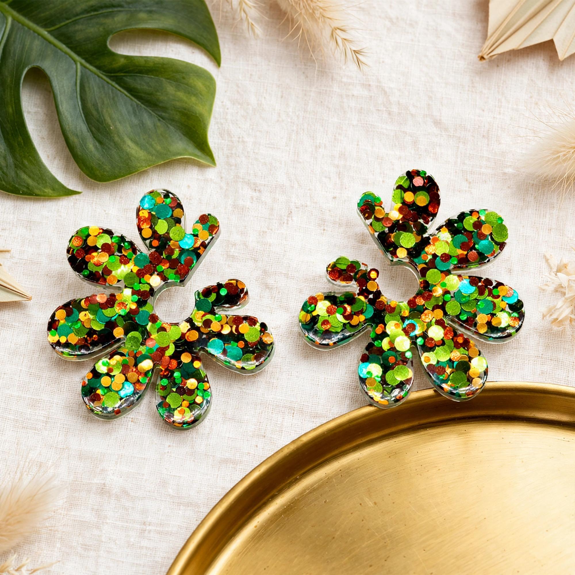 Boucles d'oreilles Marguerite pailletée verte