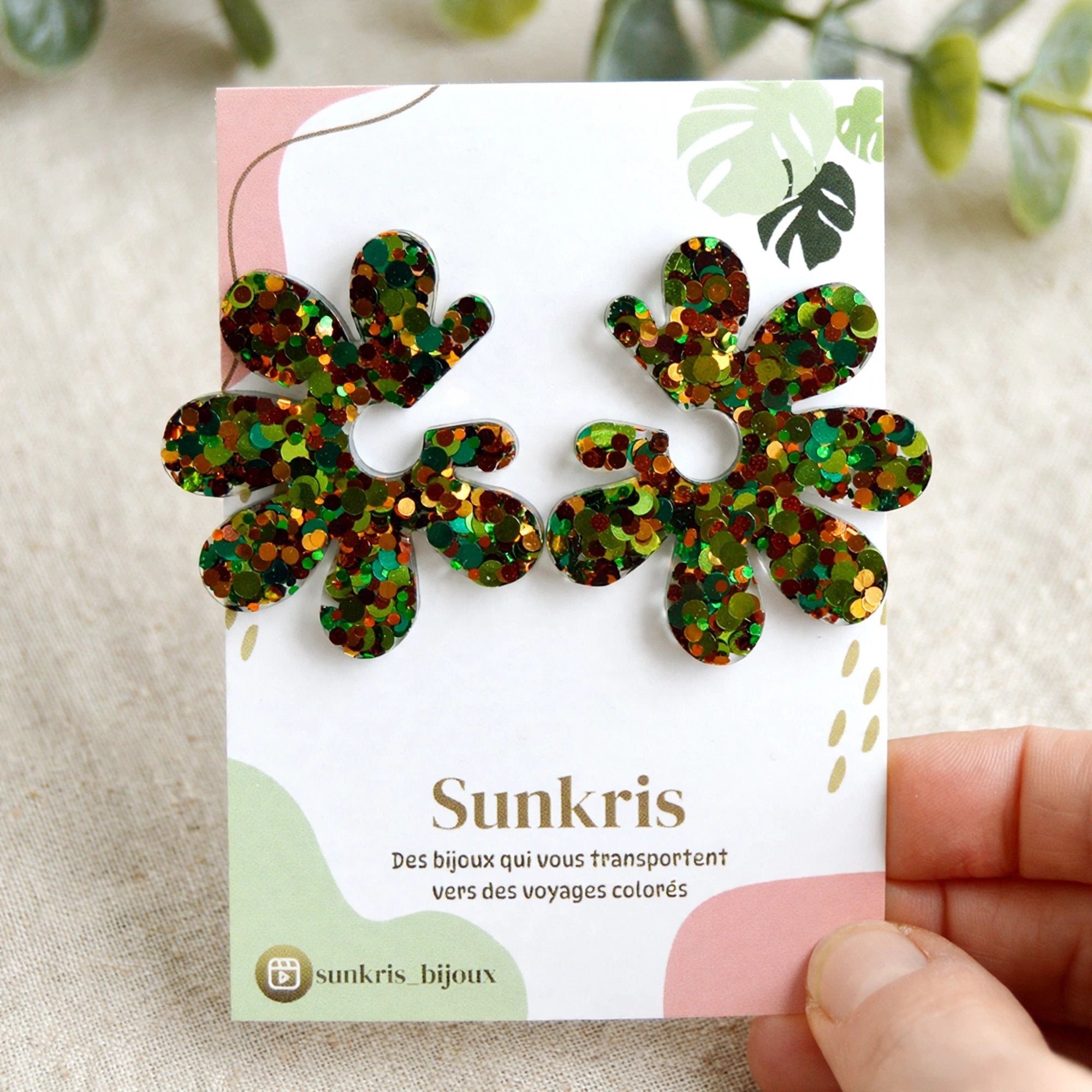 Boucles d'oreilles Marguerite pailletée verte