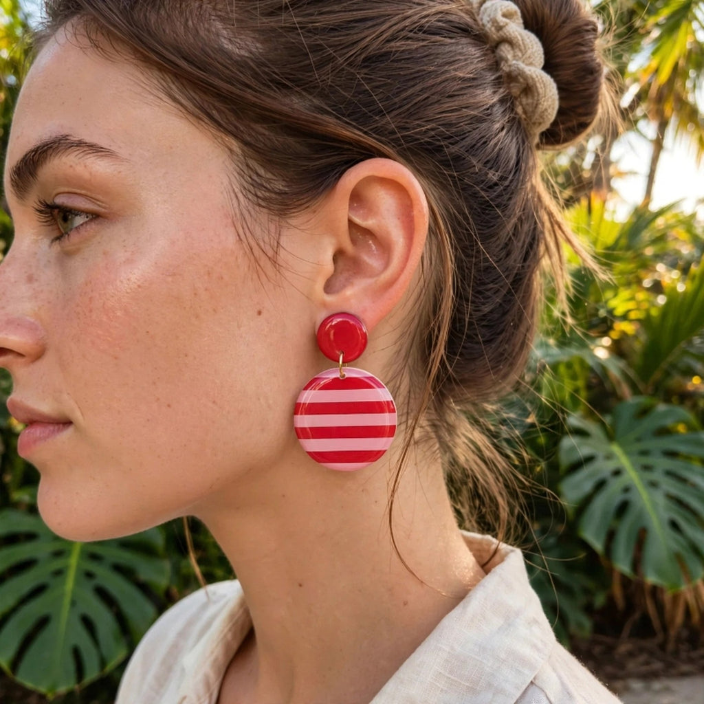 Boucles d'oreilles rondes rayées rouge et rose