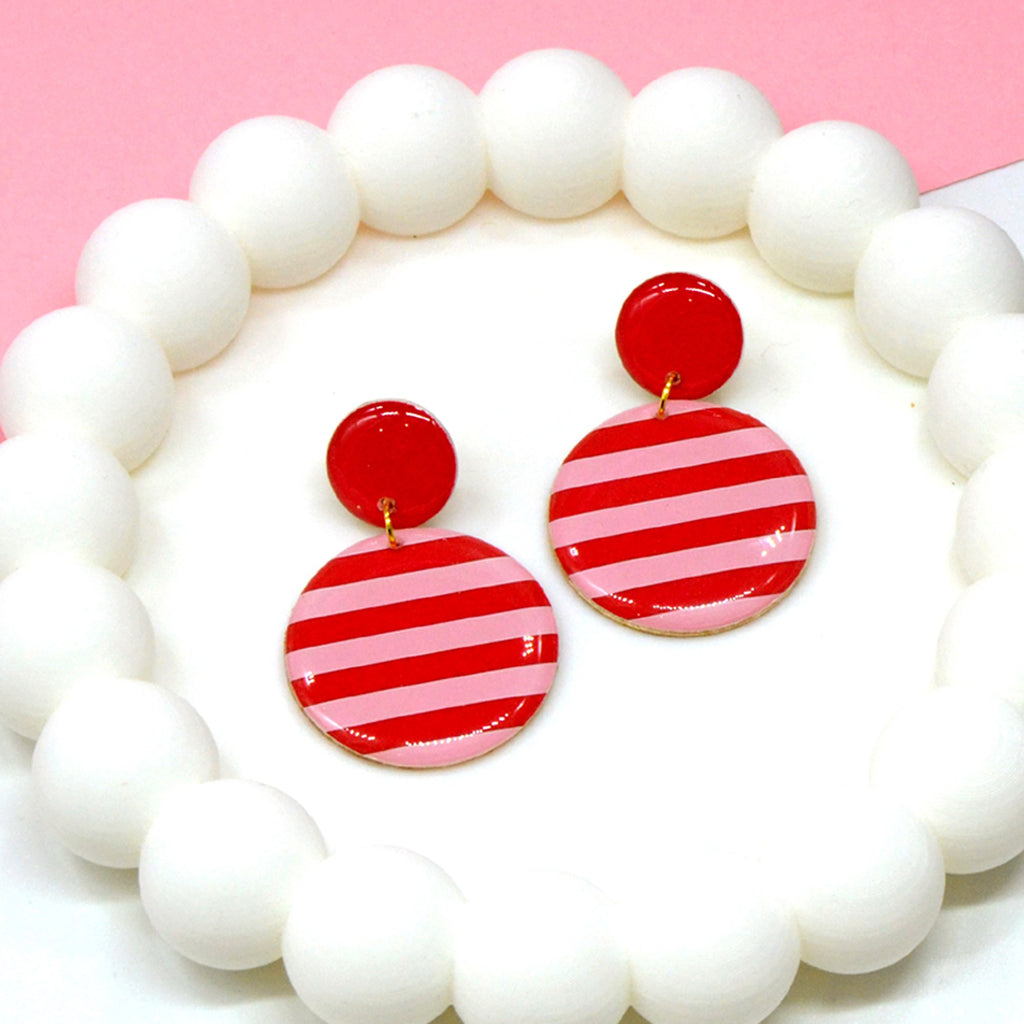 Boucles d'oreilles rondes rayées rouge et rose