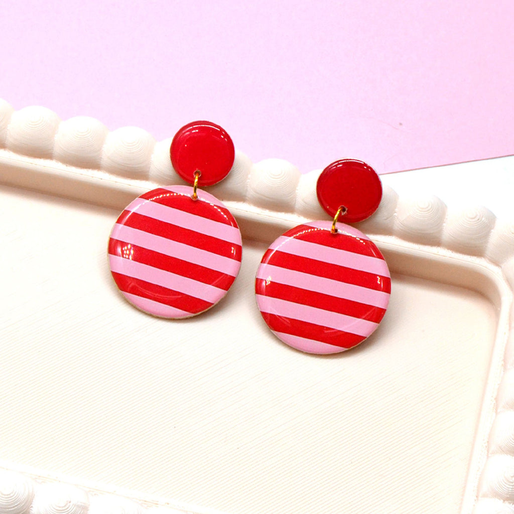 Boucles d'oreilles rondes rayées rouge et rose