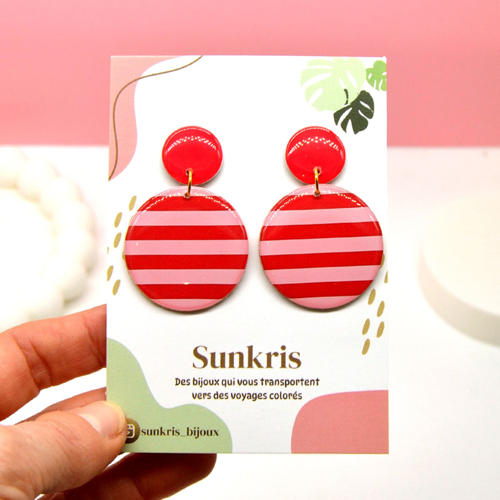 Boucles d'oreilles rondes rayées rouge et rose