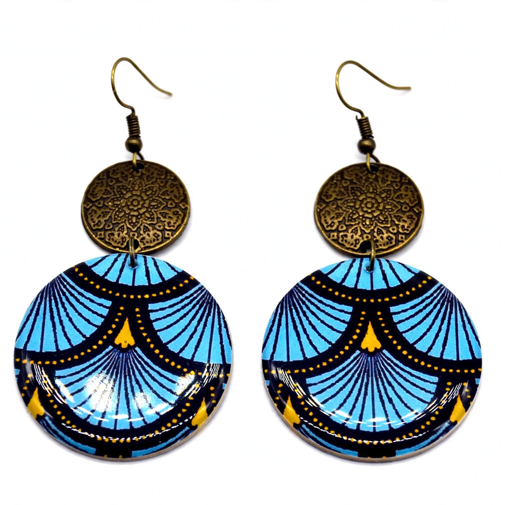 Boucles d'oreilles rondes wax bleu et bronze