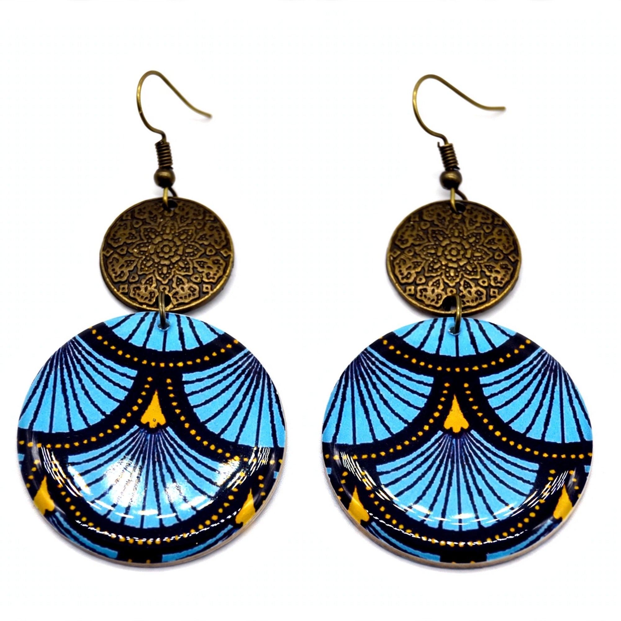 Boucles d'oreilles rondes wax bleu et bronze