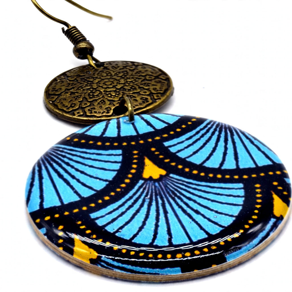 Boucles d'oreilles rondes wax bleu et bronze