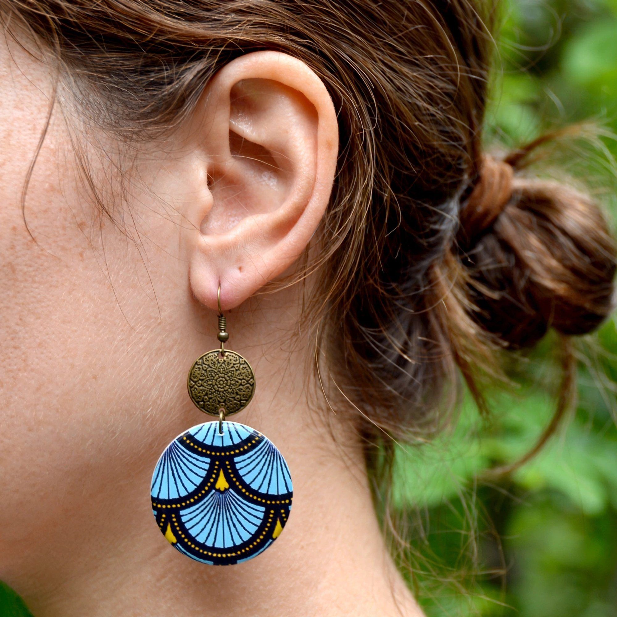 Boucles d'oreilles rondes wax bleu et bronze