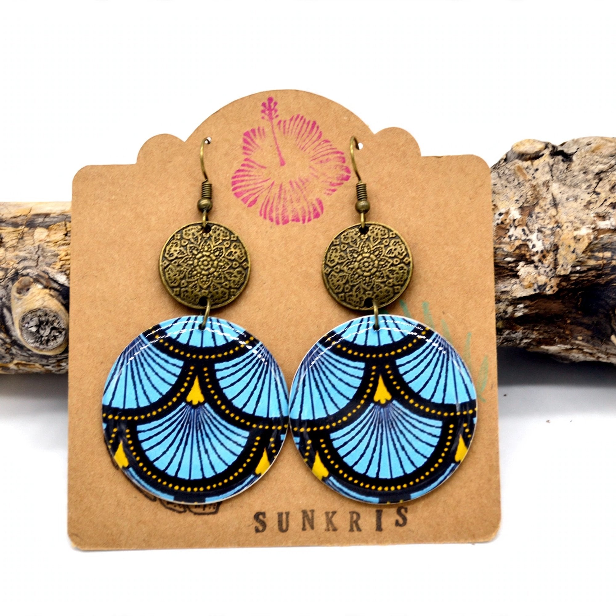 Boucles d'oreilles rondes wax bleu et bronze