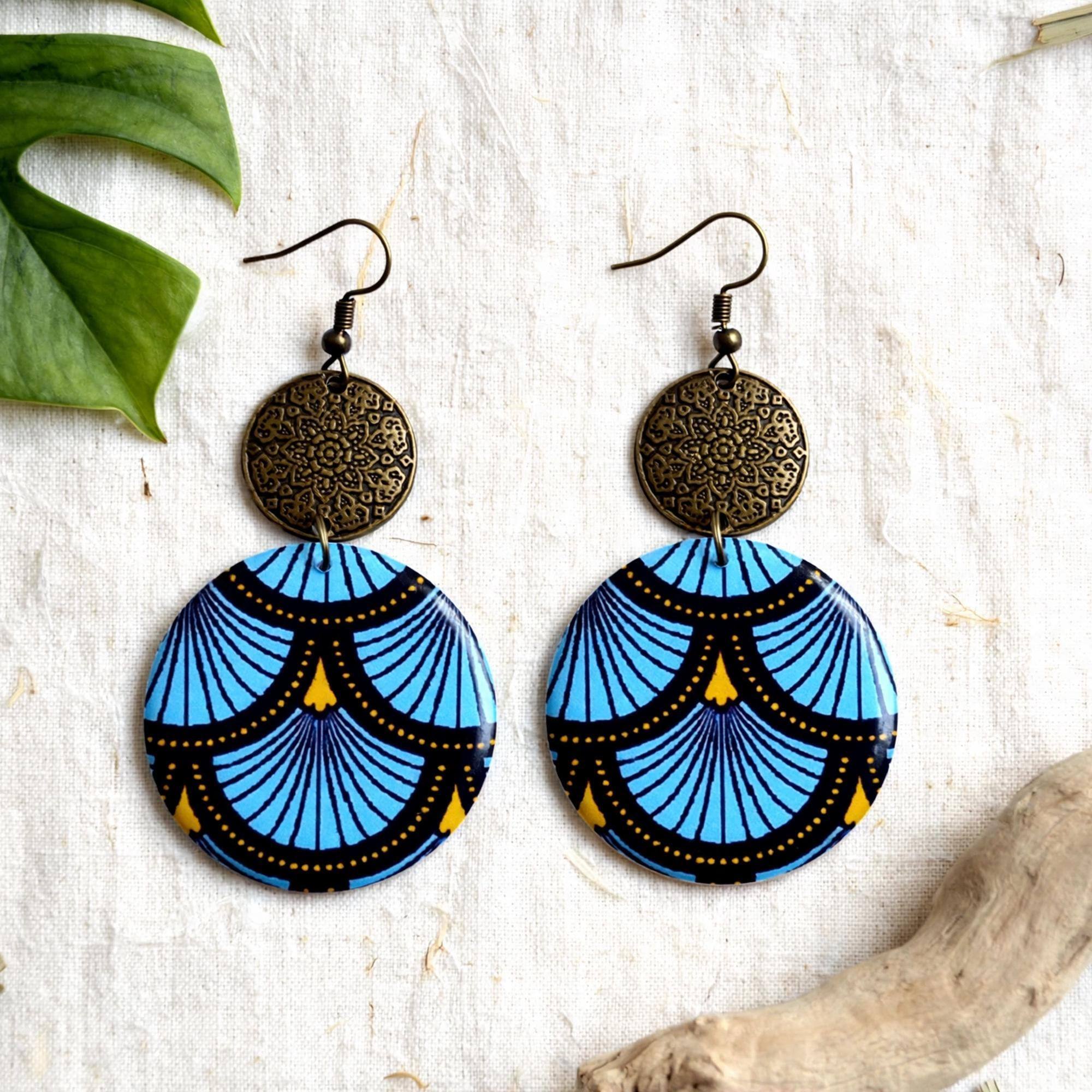 Boucles d'oreilles rondes wax bleu et bronze