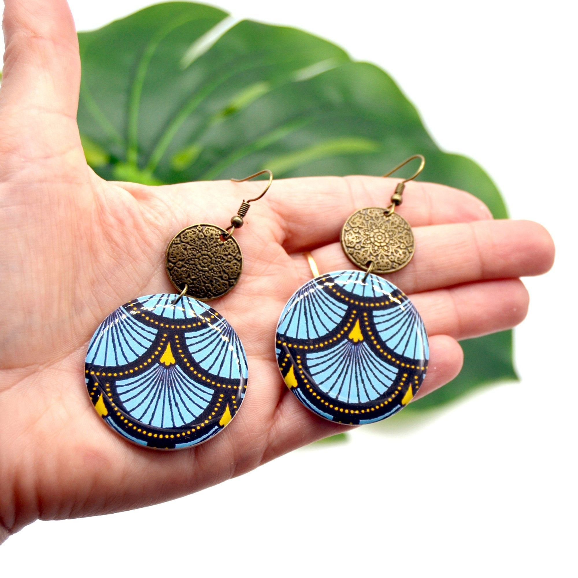 Boucles d'oreilles rondes wax bleu et bronze