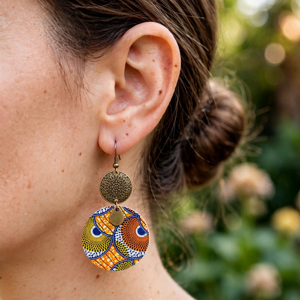 Boucles d'oreilles wax orange et bleu rondes