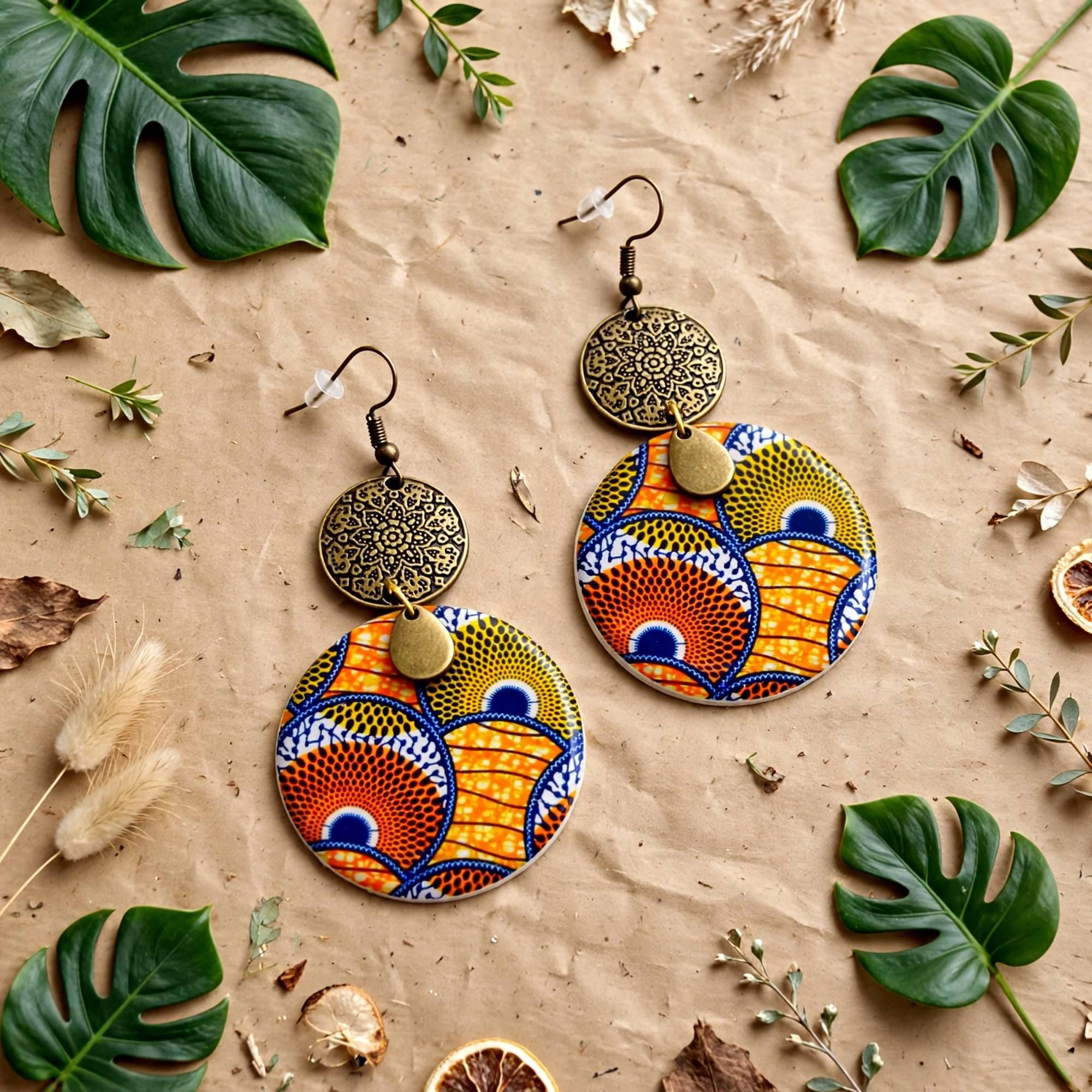 Boucles d'oreilles wax orange et bleu rondes