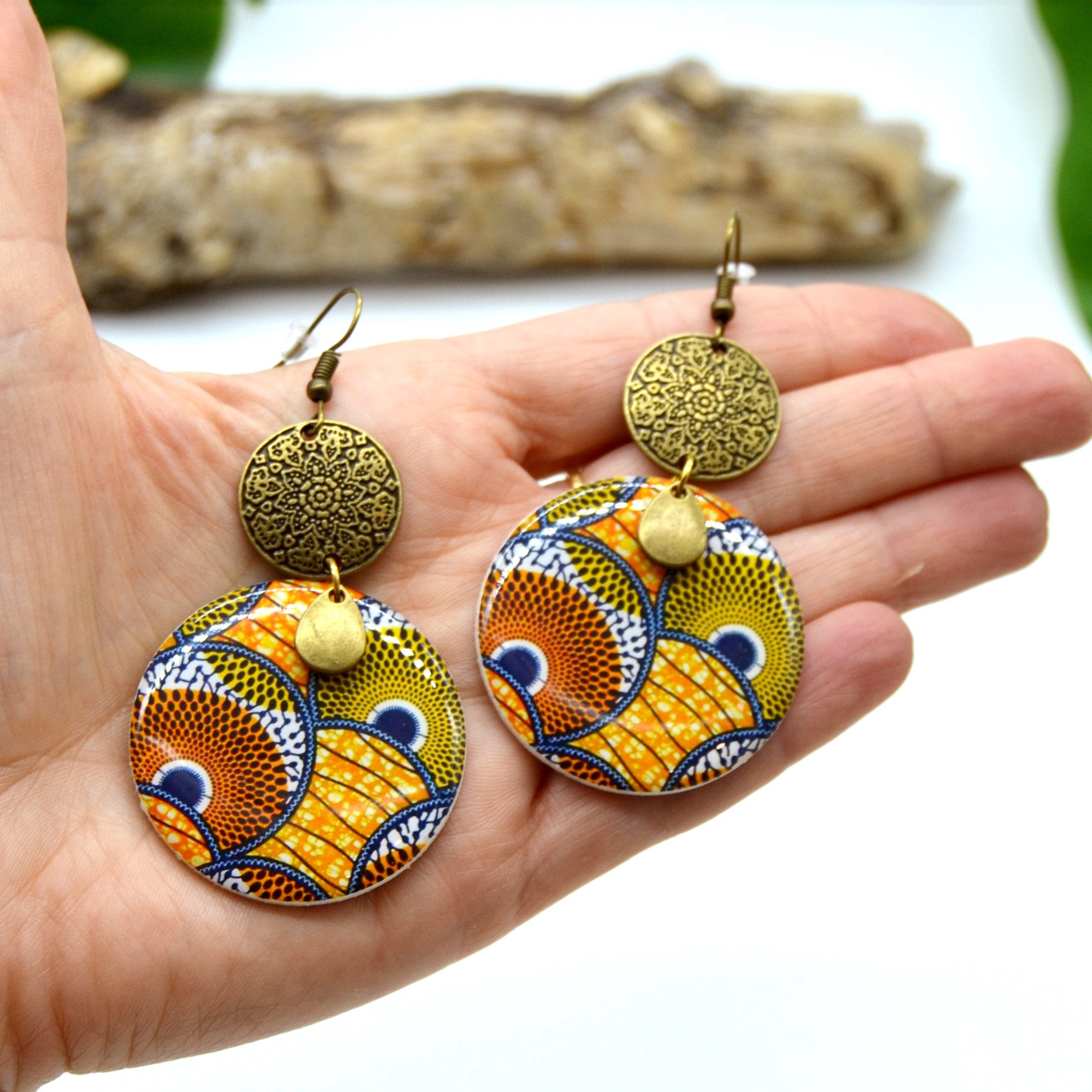 Boucles d'oreilles wax orange et bleu rondes