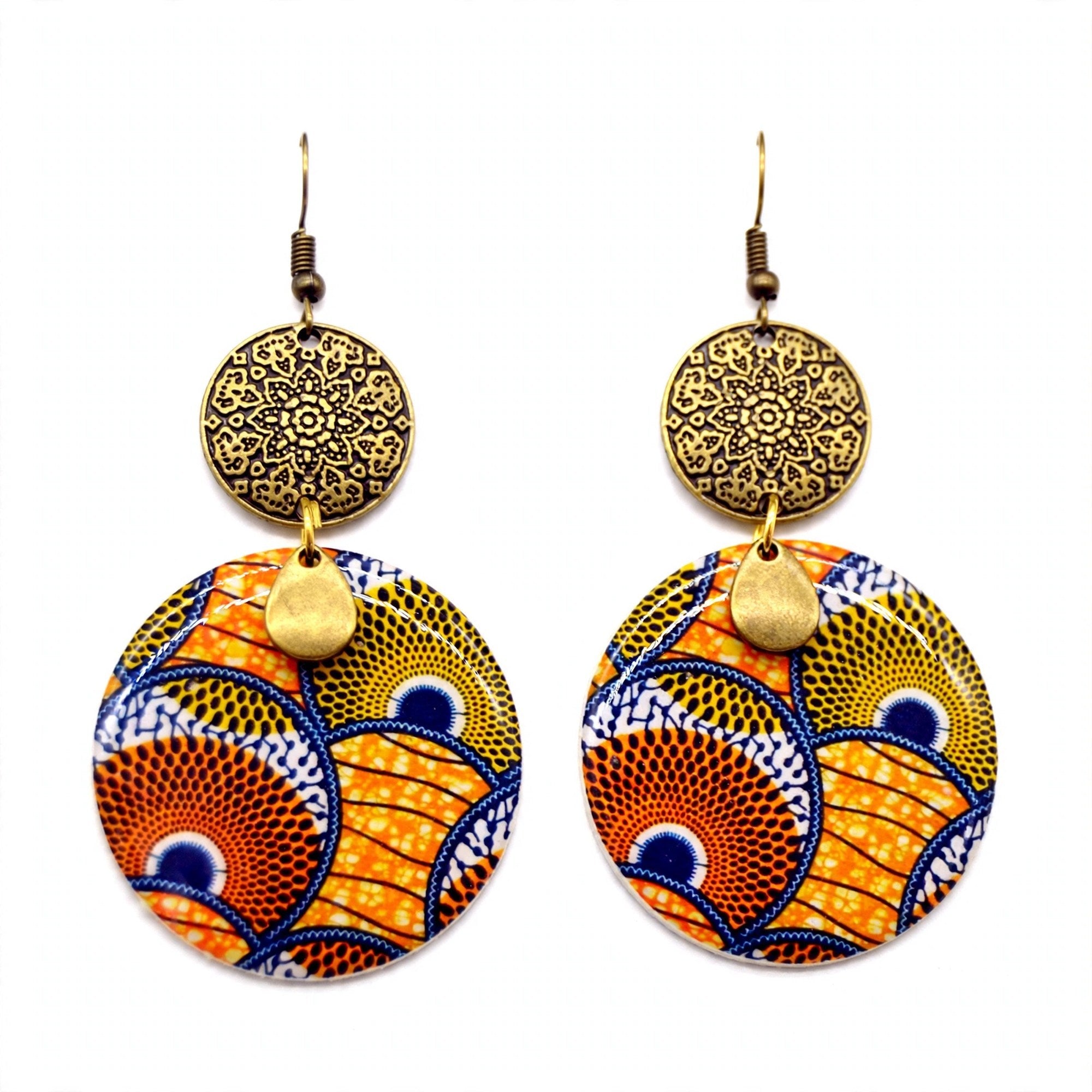 Boucles d'oreilles wax orange et bleu rondes