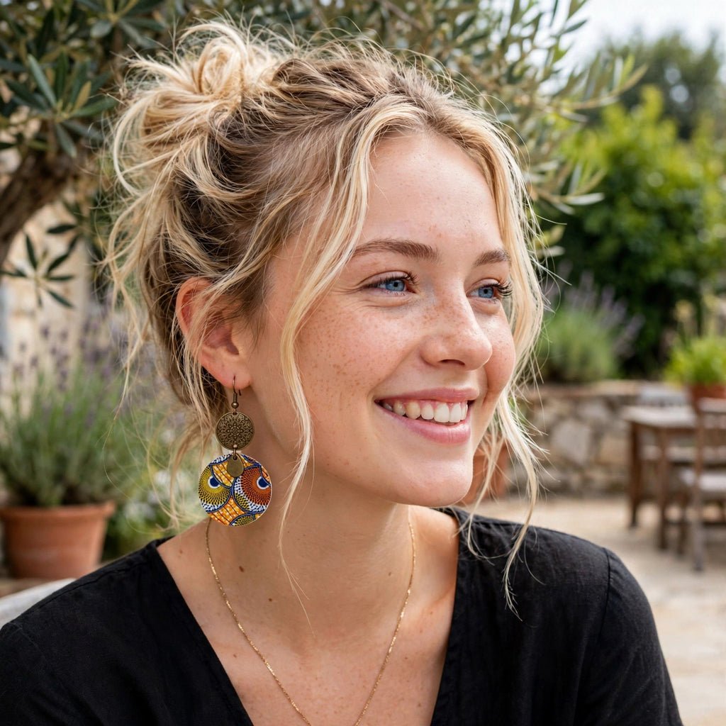 Boucles d'oreilles wax orange et bleu rondes