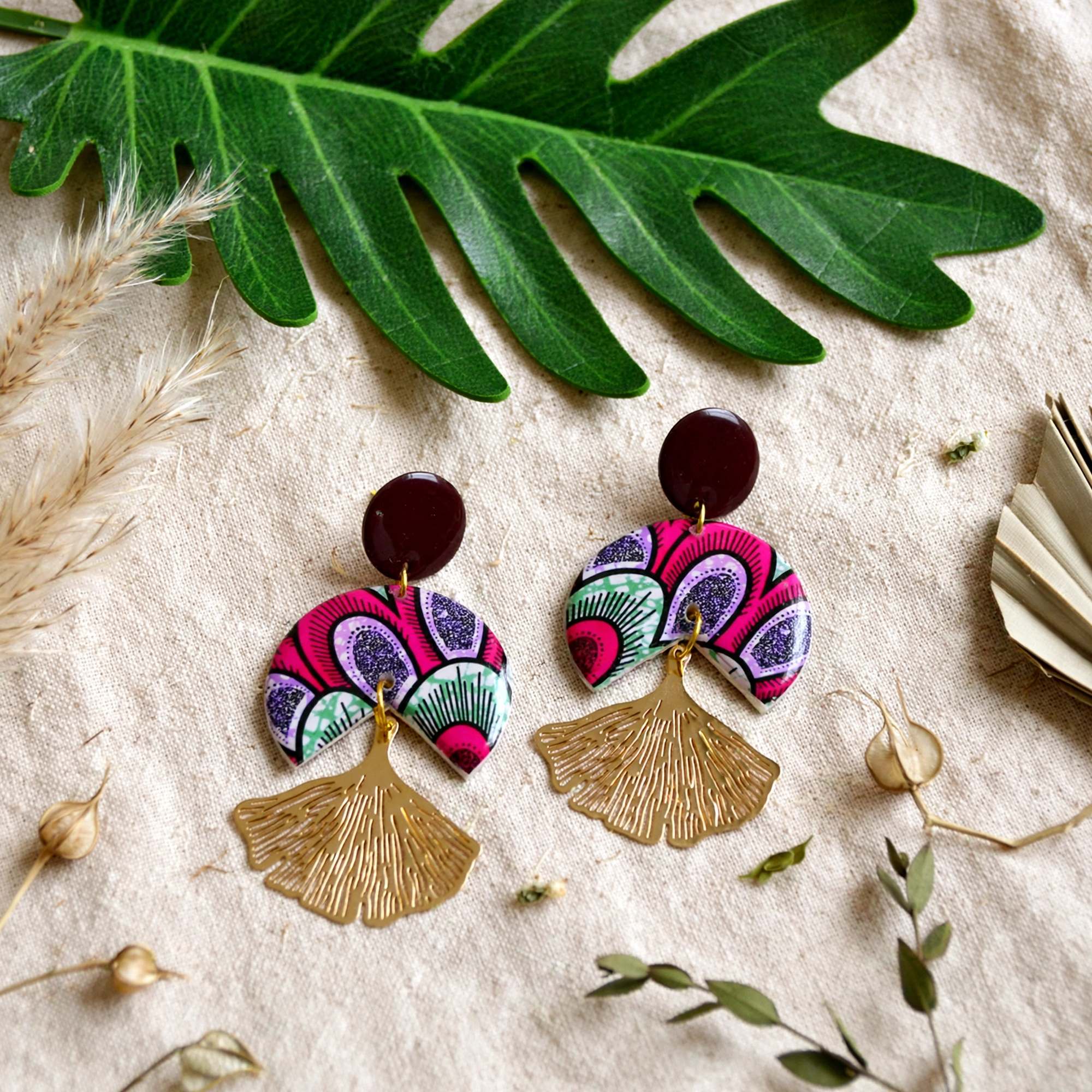 Boucles d'oreilles wax rose forme ginkgo
