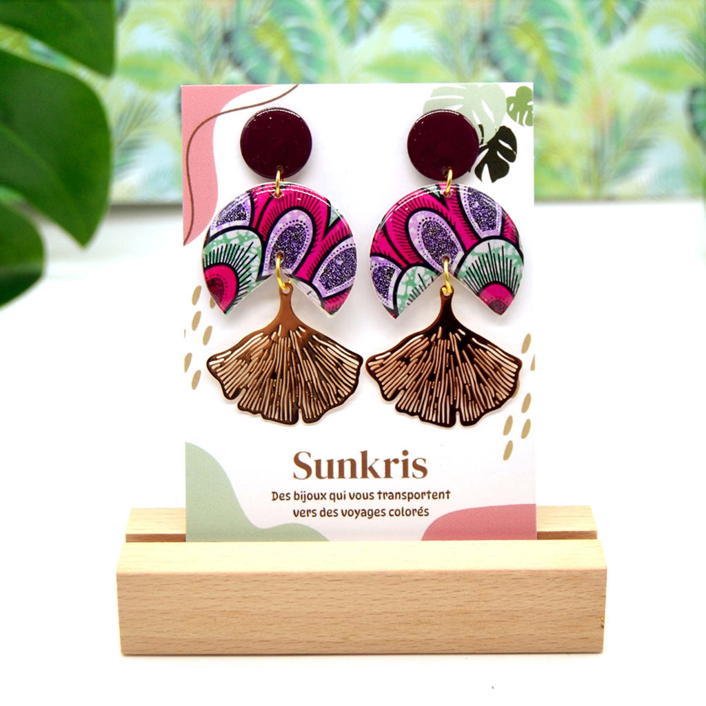 Boucles d'oreilles wax rose forme ginkgo