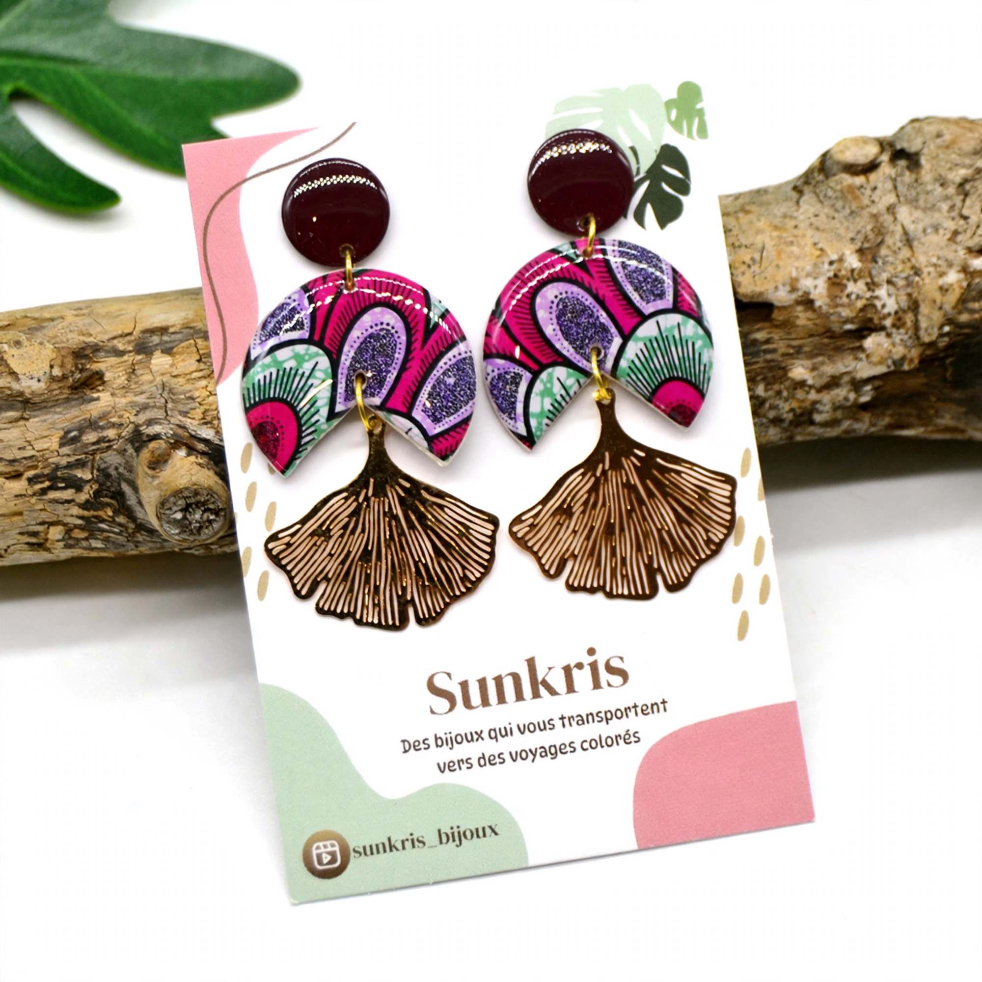 Boucles d'oreilles wax rose forme ginkgo