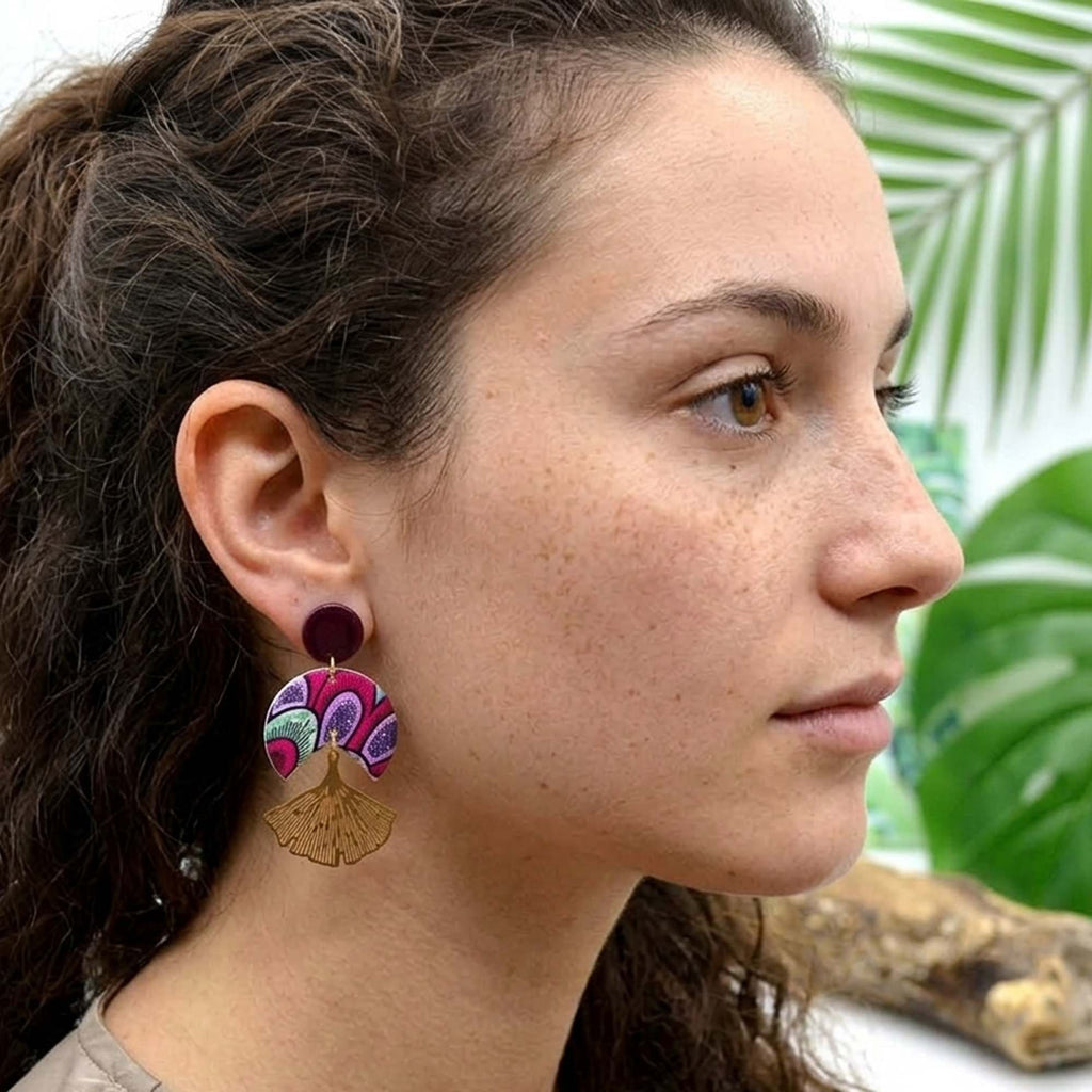 Boucles d'oreilles wax rose forme ginkgo