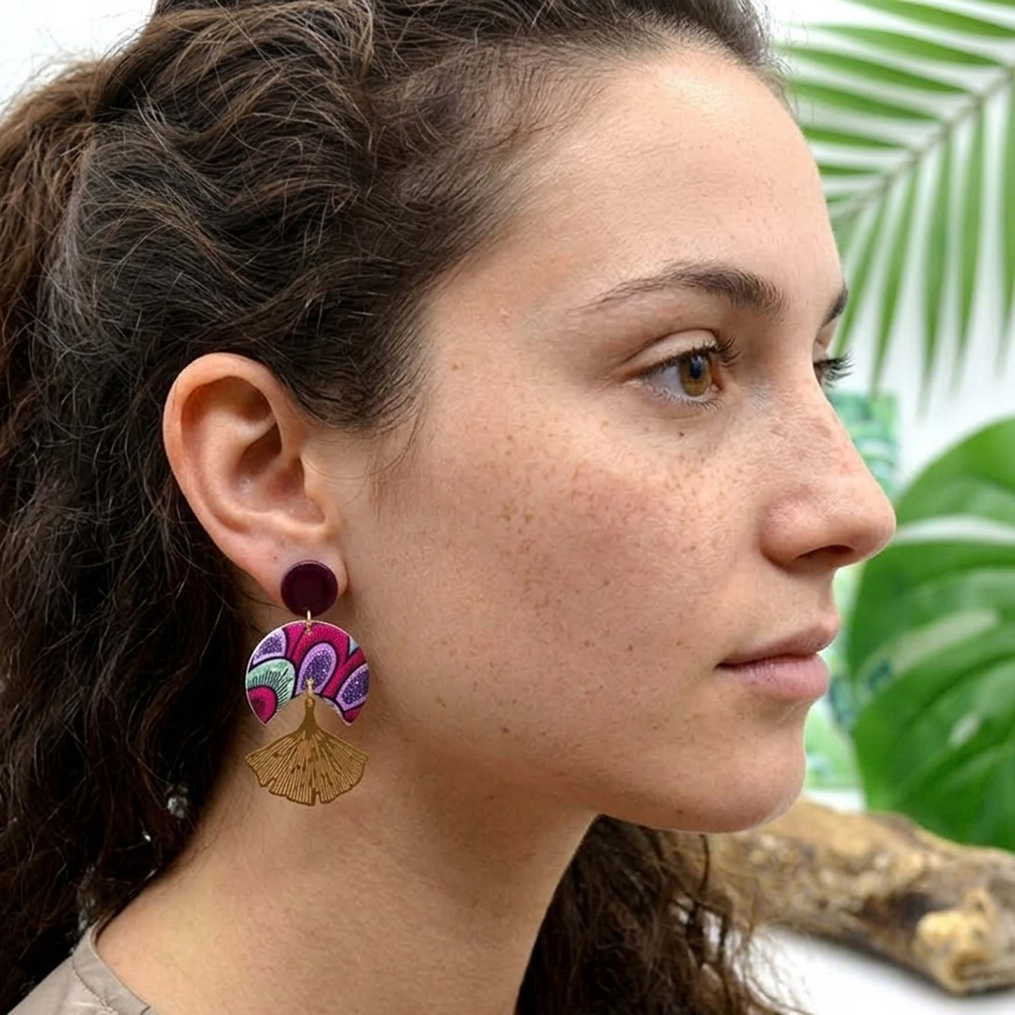 Boucles d'oreilles wax rose forme ginkgo
